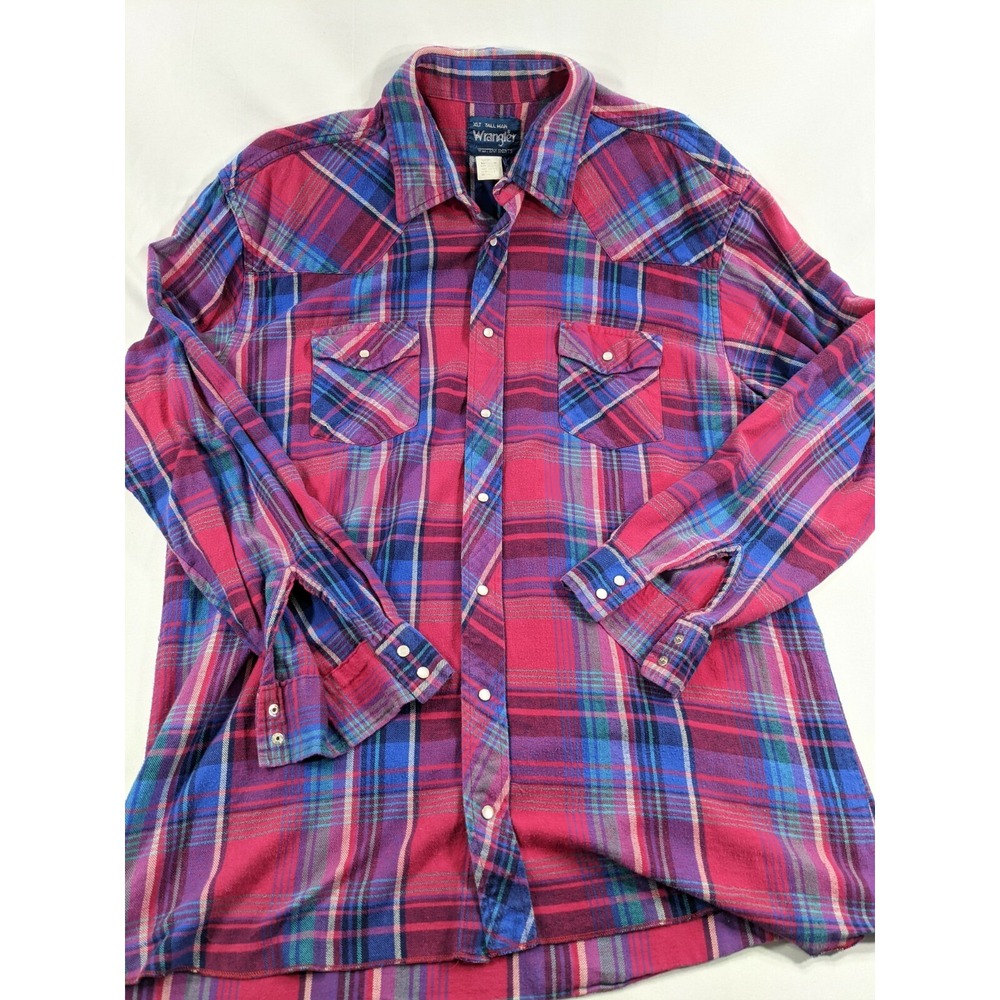 True Vintage Wrangler Long Sleeve Plaid Soft Cotton Western Shirt Tall Man XLT